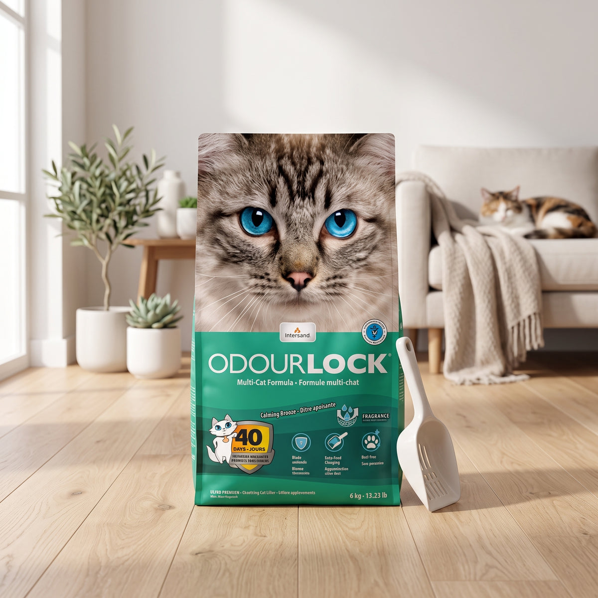 A bag of OdourLock multi-cat formula cat litter stands on a light wood floor in a bright living room, with a white scoop beside it and a real cat resting on a sofa in the background.