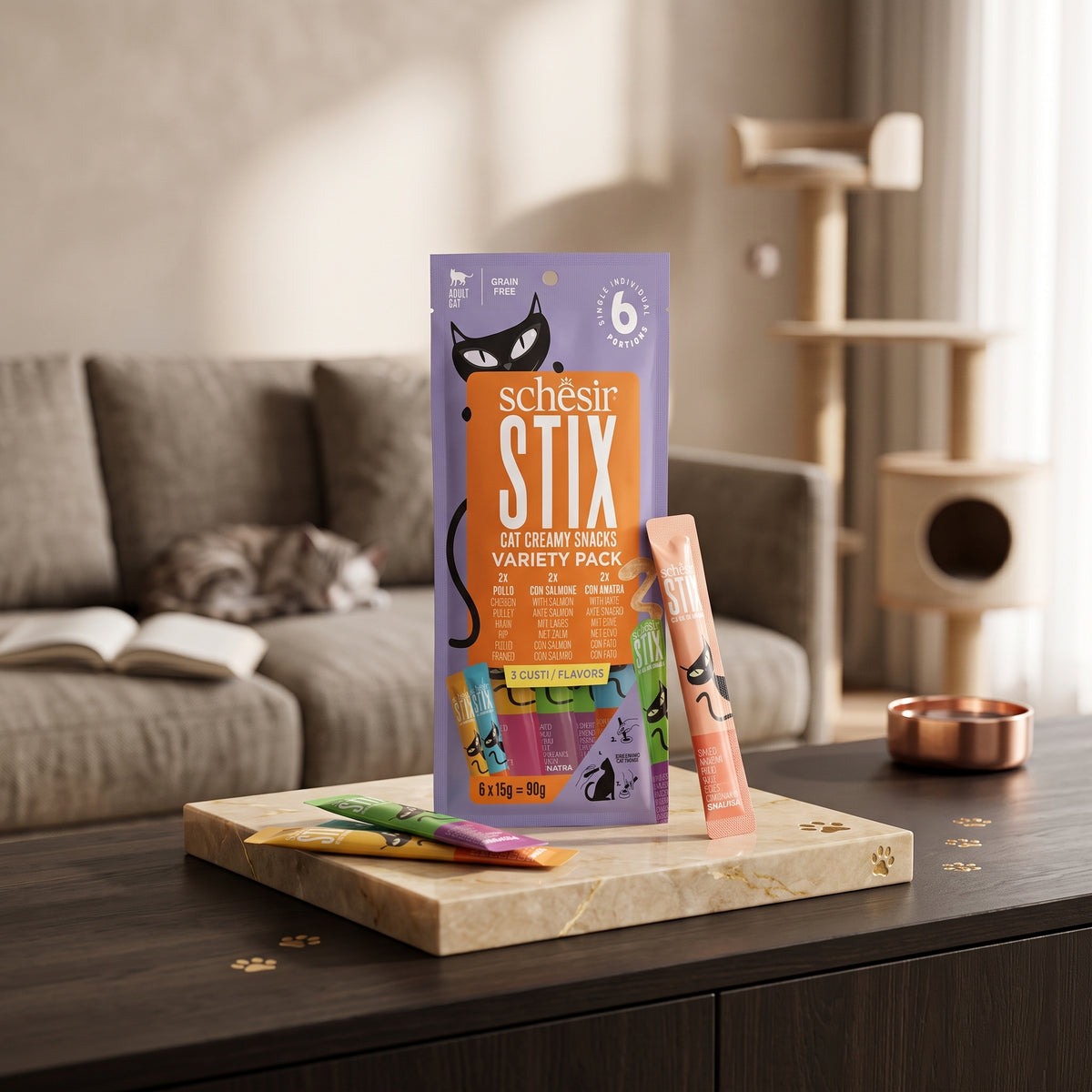 Schesir Stix Treat Variety Pack 6x15g - Mixed Flavors: Chicken,Duck & Salmon